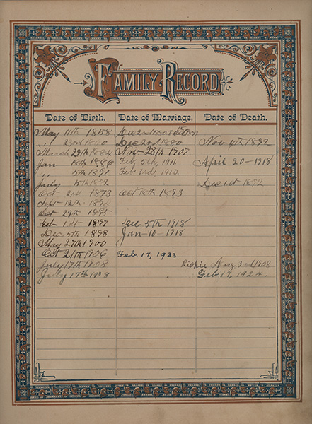 right side of facing pages of family record