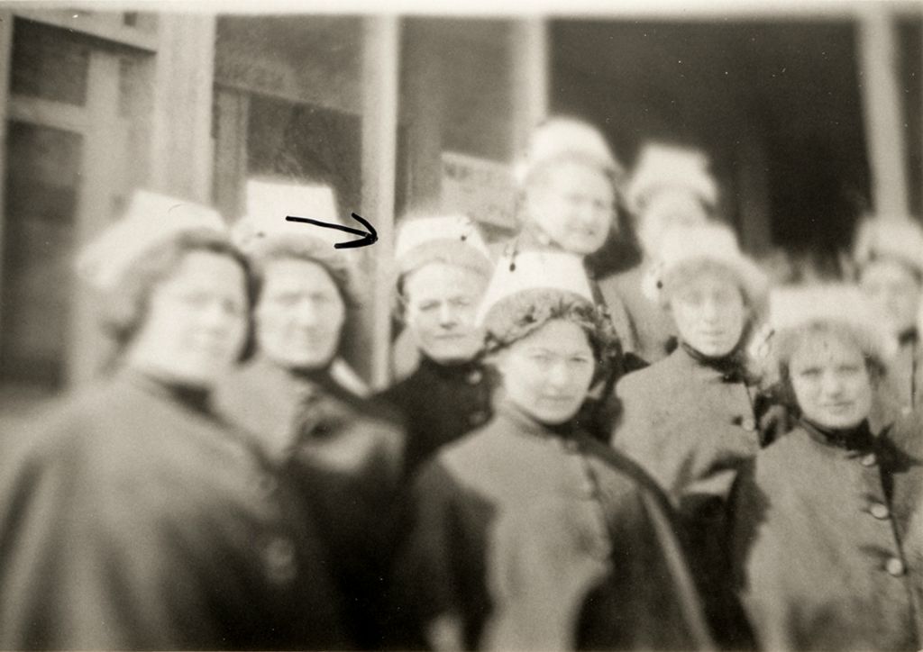 Agnes Swift (indicated by arrow), at Fort Bowie, TX, 1917. Others are unidentirfied.