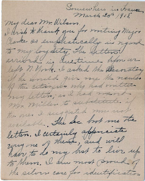 Page one of letter from Agnes Swift to Col. C. J. Wilson, Washington (IA)
