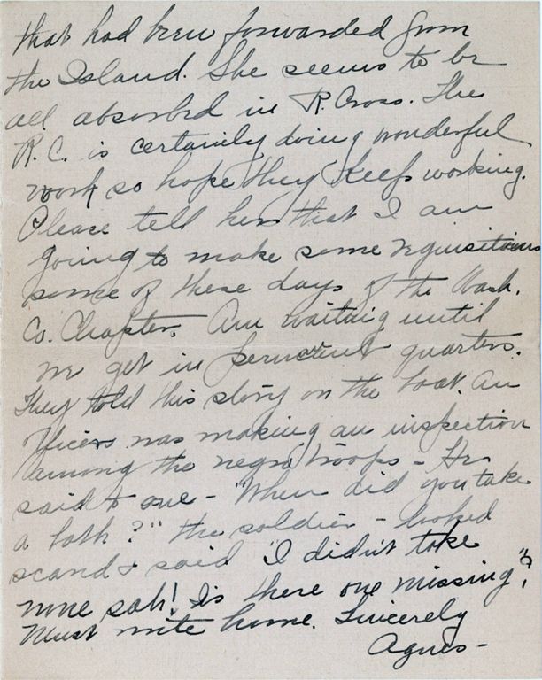 Page four of letter from Agnes Swift to Col. C. J. Wilson, Washington (IA)