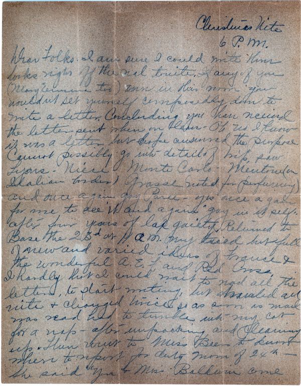 Letter from Agnes to her family, written at Christmas time 1918 - page one