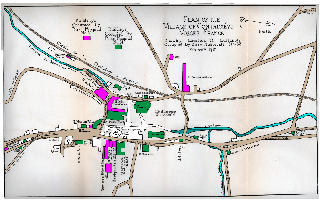 Map from the unit history of BH 32 - showing the buildings used by the AEF hospitals and with 2017 street names