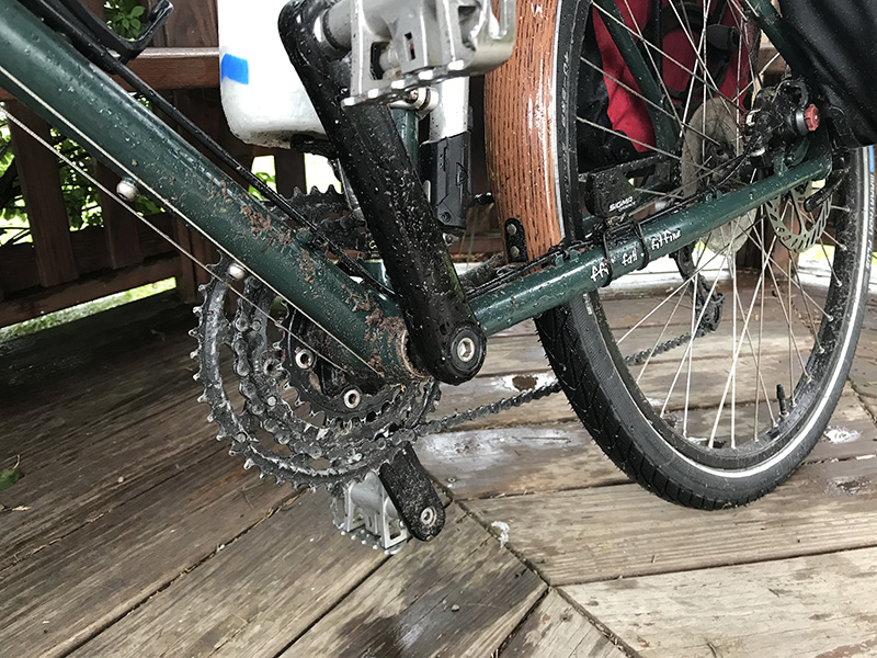 debris on the bike drivetrain and frame