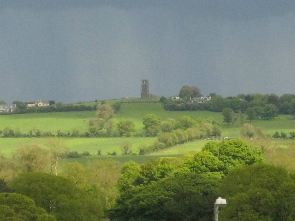 Zoomed in view of the Hill of Slane (during a downpour) as viewed from the Hill of Tara