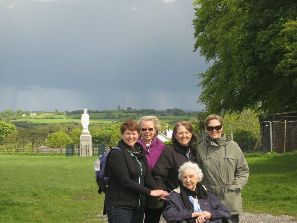 At the Hill of Tara, with the Hill of Slane visible behind us. From left: Molly, Annis, Martha and Sara, with Roberta in front.