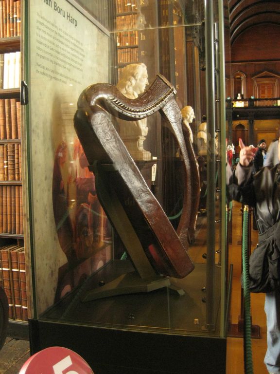 The "Brian Boru harp" is not actually old enough to date to the time of Brian Boru (d. 1014), first High King of Ireland. This Celtic harp dates to the 14th or 15th century and was the model for the symbol of Ireland as found on the Euro coin and also on the Guinness label.