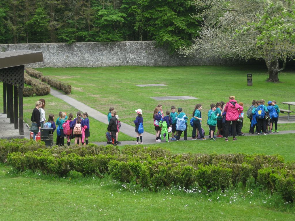 The park is a popular spot for family and school picnics. Here, a group of school children enjoy Coole Park.