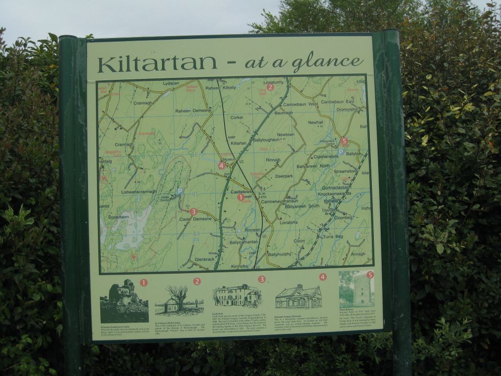 Sign at Kiltartan Gregory Museum parking area, noting the various sites in the parish.