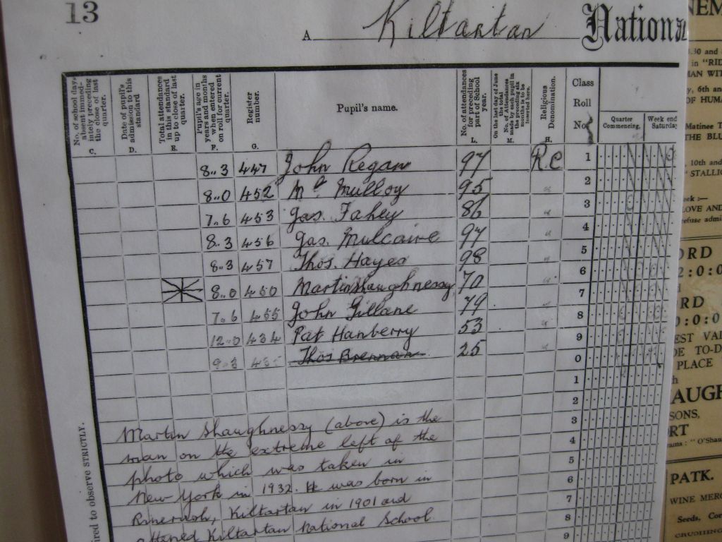 School roll book, noting the name of Mattie O'Shaughnessy, one of the men in the iconic photo of iron workers pausing for lunch high above New York City.