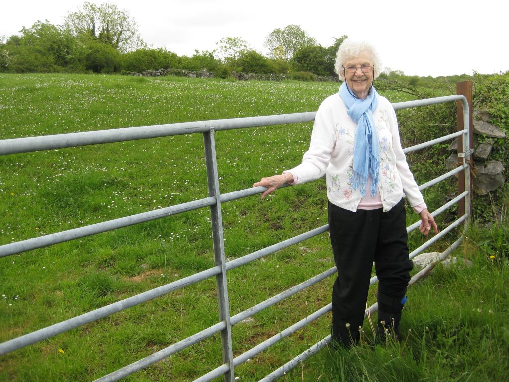 Roberta Wheelan Clark, on her 93rd birthday (May 19, 2016) at the site where her grandfather, John Connell Swift was born in the townland of Ballylee, Co. Galway, Ireland.
