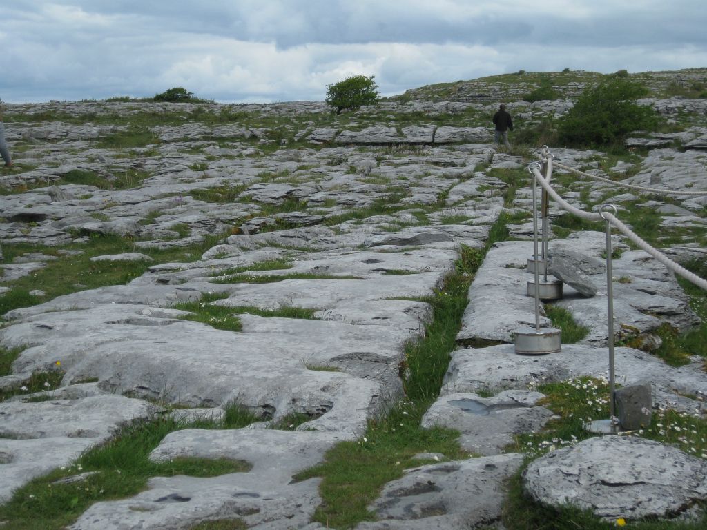 The landscape of the Burren resembles cracked pavement -- the large pieces are known as clints and the crevices between them are called grikes.