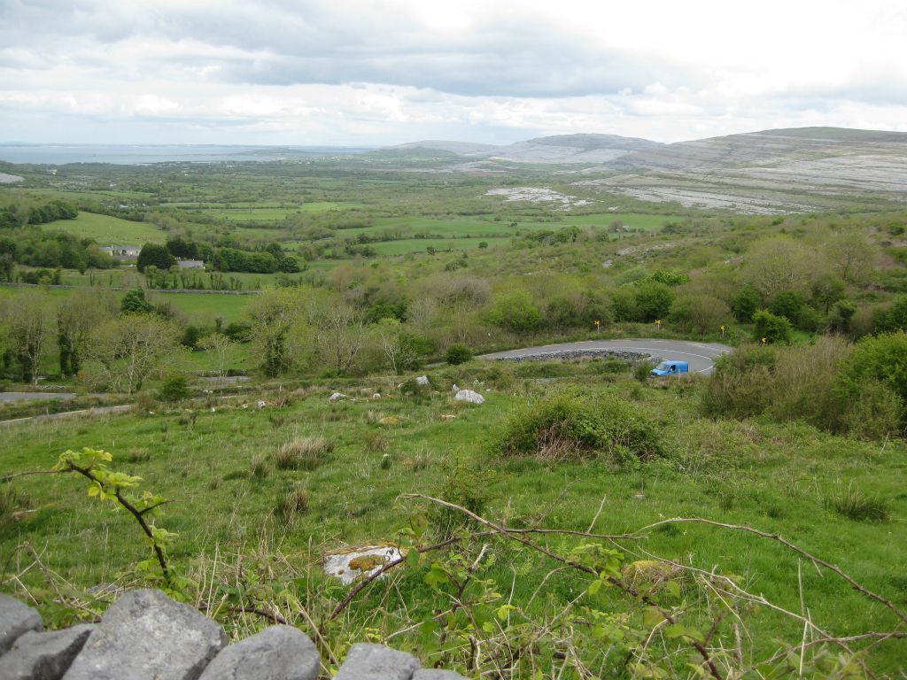 Ballyvaughn Bay in the distance, viewed from the overlook on the corkscrew drive up into the Burren