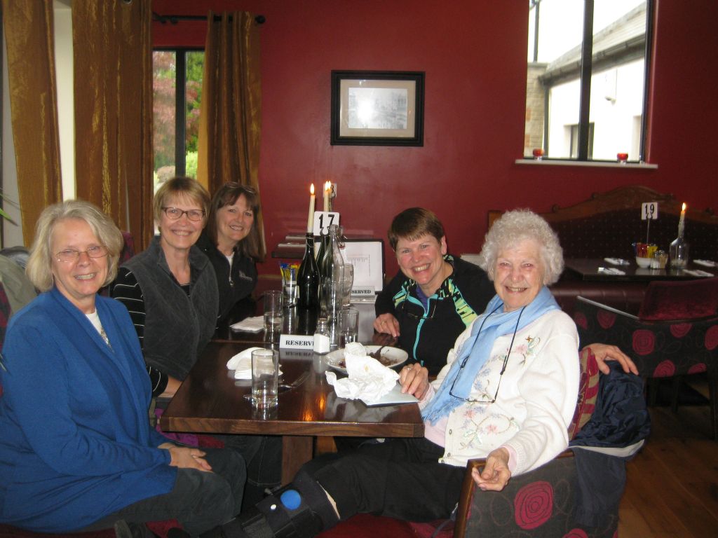 At the Teach na Teamhrach (Tara House) Restaurant in Navan, the waiter told Mom she is "brilliant!" and sang happy birthday to her. From left, clockwise: Annis, Sara, Martha, Molly and Roberta -- celebrating Mother's 93rd birthday.