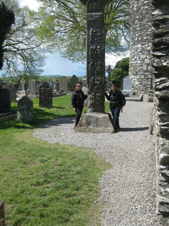 Martha and Molly at the base of one of the high crosses at Monasterboice