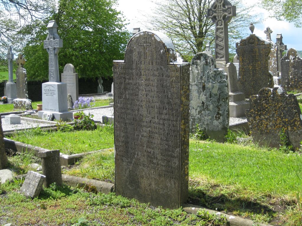 A poignant grave marker in the Monasterboice cemetery. The inscription says the stone was erected by Thomas Gregory of New York in memory of his parents, 5 brothers and 2 sisters, who died in various places around the globe (New York, Louisiana, Africa, West Indies, and in Ireland.)