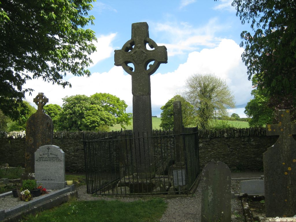 The north cross at Monasterboice. The shaft of the cross was damaged and replaced at some stage, but the original shaft stands nearby.