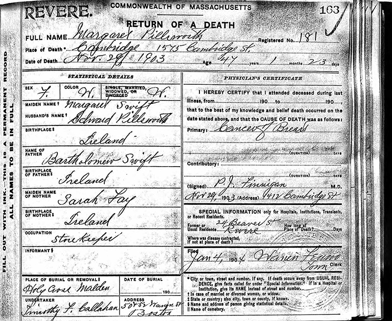 1903 death certificate for Margaret J. Swift Pillsworth