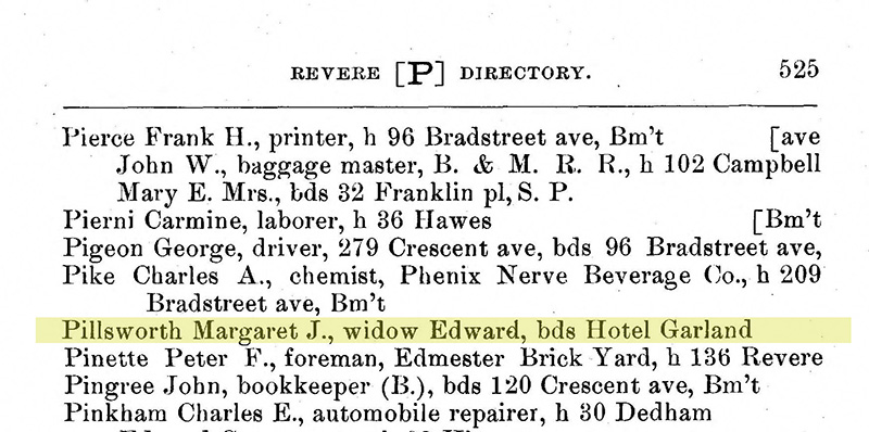 Margaret Pillsworth's name in a city directory, Revere, MA