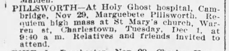 funeral notice from Nov 30, 1903 Boston Globe